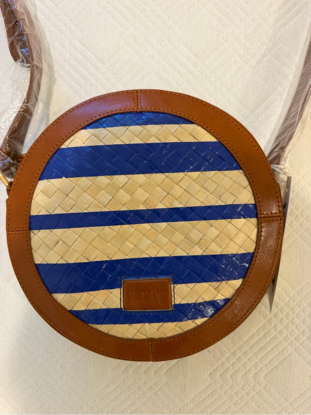 Woven Blue and Cream Round Crossbody Bag